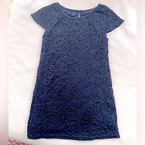 6X Lace Overlay Dress, Elegant & Pretty Floral, Navy, Cap Sleeves, Knee-Length